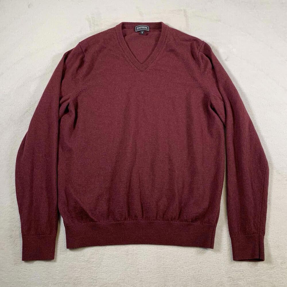 Express Sweater Mens XL Maroon 100% Extra Fine Merino Wool Slim Fit Pullover